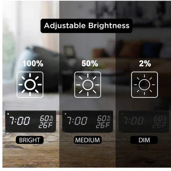 Digital alarm clock black wood green light new - Picture 2 of 7